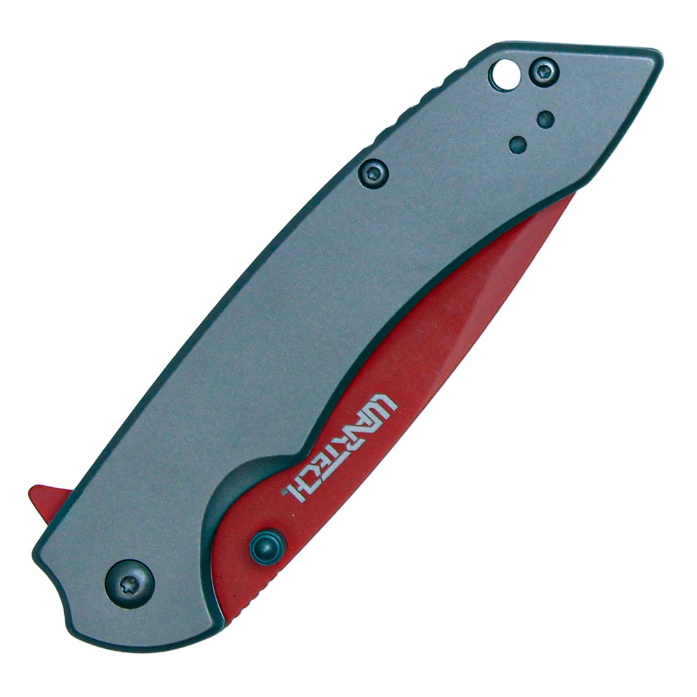 Assisted Open Folding Pocket Knife with Grey handle and Red Blade view 3